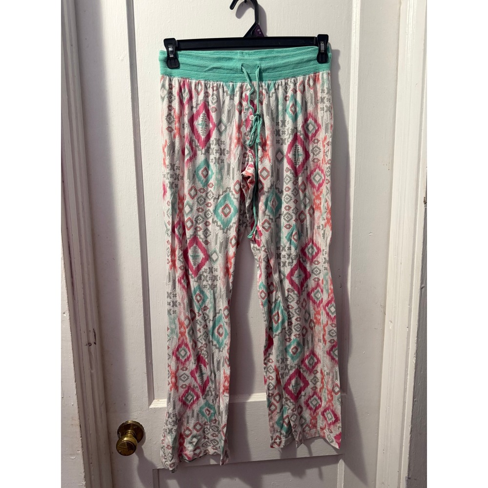 Just Be Aztec Patterned Pajama Pants Women Medium Mint Pink Geometric Lounge